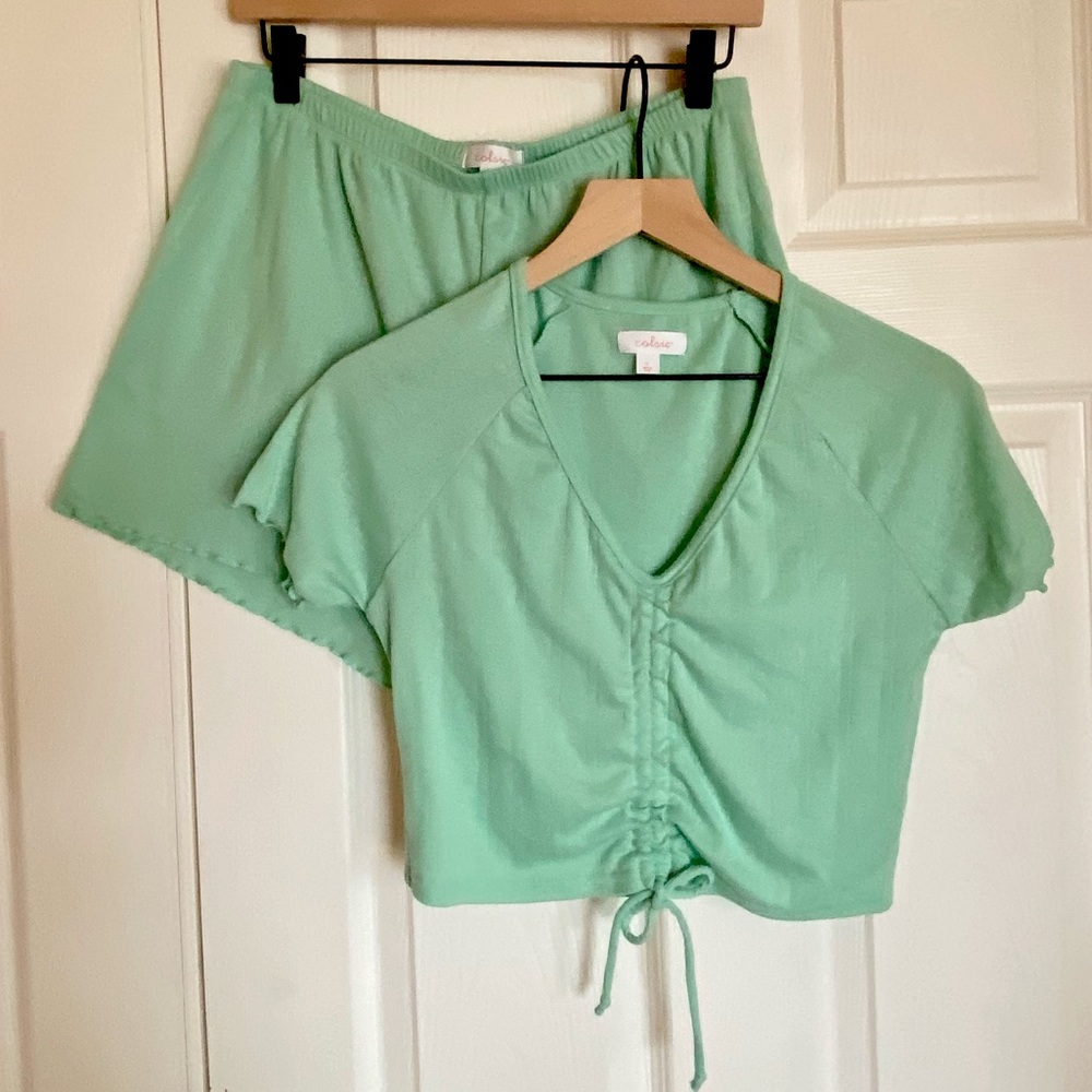 Colsie womens pointelle knit crop top and shorts sleep set pajamas Large green